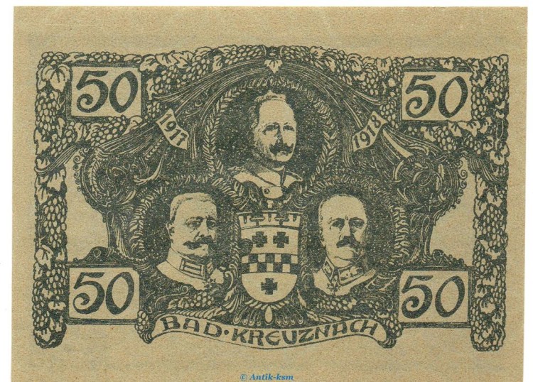 Notgeld Stadt Kreuznach , 50 Pfennig Schein in kfr. Tieste 3725.05.20 von 1917-18 , Rheinland VerkehrsausgabeNotgeld Stadt Kreuznach , 50 Pfennig Schein in kfr. Tieste 3725.05.20 von 1917-18 , Rheinland Verkehrsausgabe