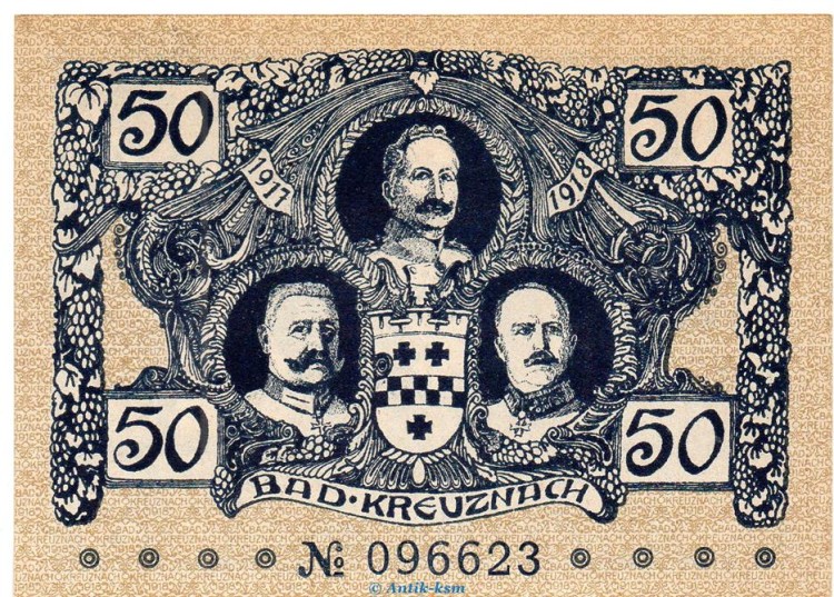 Notgeld Stadt Kreuznach , 50 Pfennig Schein in kfr. Tieste 3725.05.25 von 1917-18 , Rheinland Verkehrsausgabe