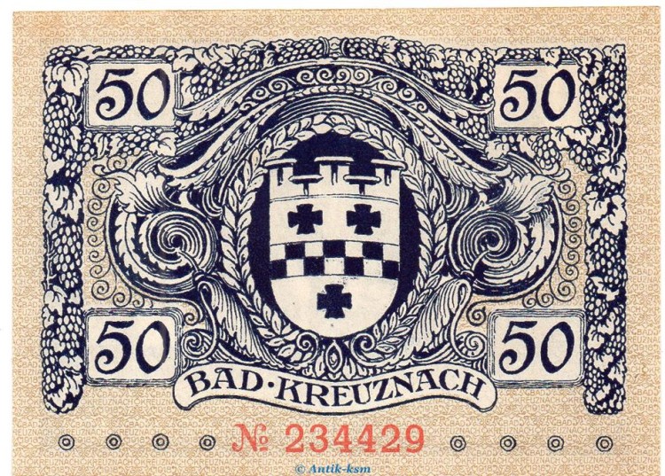 Notgeld Stadt Kreuznach , 50 Pfennig Schein in kfr. Tieste 3725.05.30 von 1917-18 , Rheinland Verkehrsausgabe