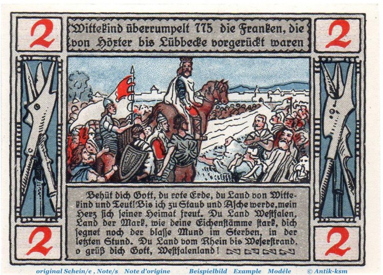 Notgeld Stadt Lübbecke 819.2.b , 2 Mark Schein o. Kn. in kfr. von 1921 , Westfalen Seriennotgeld