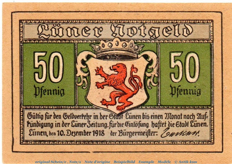 Notgeld Stadt Lünen 4290.10.03 , 50 Pfennig Schein in kfr. von 1918 , Westfalen Verkehrsausgabe