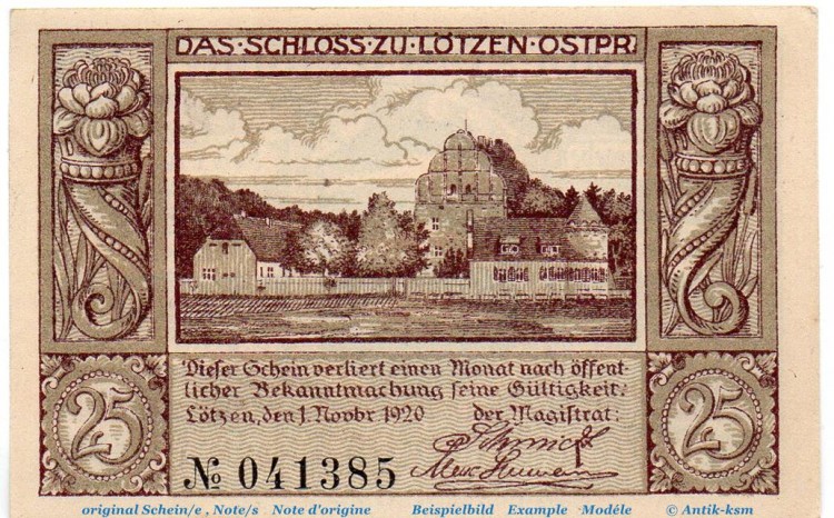 Notgeld Stadt Lötzen 814.2 , 25 Pfennig Schein in kfr. von 1920 , Ostpreussen Seriennotgeld