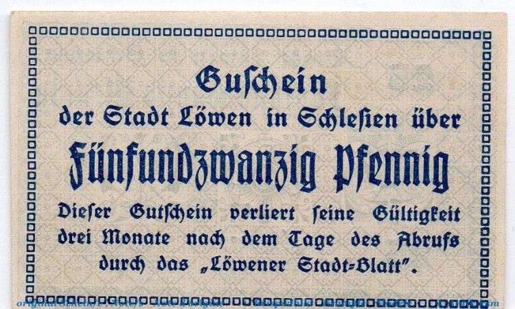 Notgeld Stadt Löwen 4200.05.16.f , 25 Pfennig Fehldruck in kfr. von 1920 , Schlesien Verkehrsausgabe