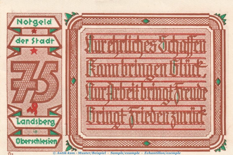 Notgeld Stadt Landsberg 763.1 , 75 Pfennig Nr.1 -März- in kfr. von 1921 , Schlesien Seriennotgeld