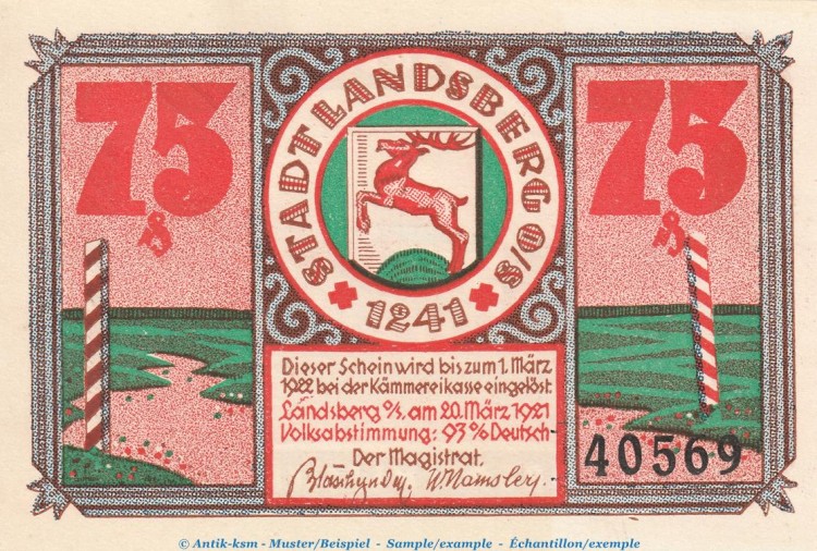 Notgeld Stadt Landsberg 763.1 , 75 Pfennig Nr.2 -März- in kfr. von 1921 , Schlesien Seriennotgeld