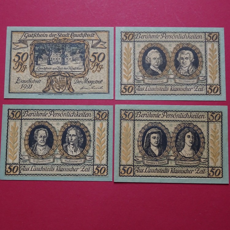 Notgeld Stadt Lauchstedt , Bad , Sachsen Anhalt , kompletter Satz mit 4 Scheinen in kassenfrischer Erhaltung , Seriennotgeld , 773.1 , von 1921