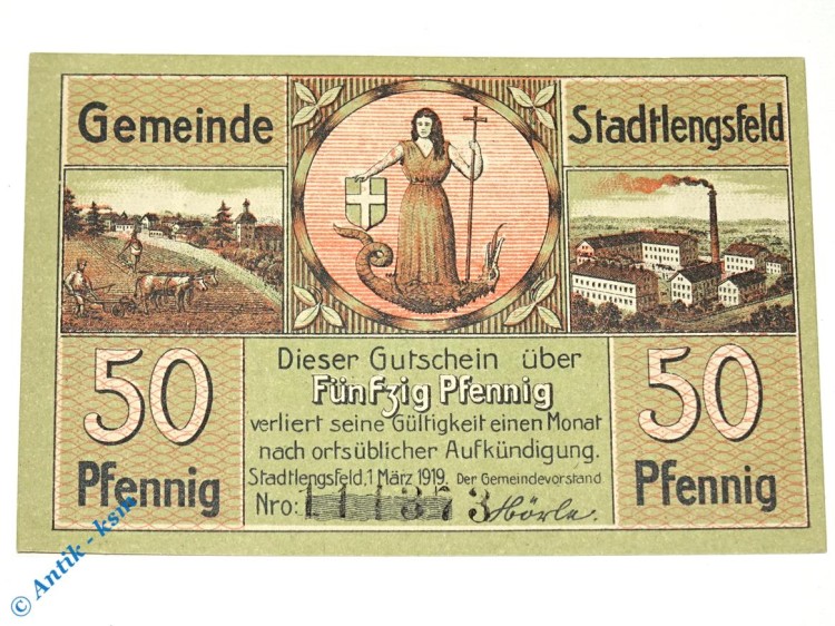 Stadtlengsfeld , Notgeld 50 Pfennig Schein unc-kfr. Ti.7055.05.46 , SWE 1919 Verkehrsausgabe