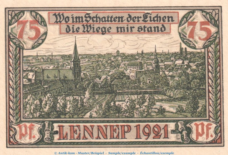 Notgeld Stadt Lennep 791.1 , 75 Pfennig Schein -D- in kfr. von 1921 , Westfalen Seriennotgeld