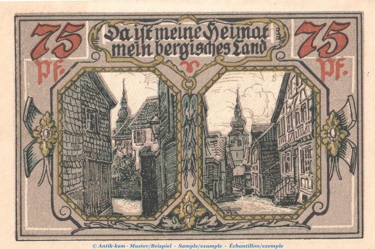 Notgeld Stadt Lennep 791.1 , 75 Pfennig Schein -E- in kfr. von 1921 , Westfalen Seriennotgeld