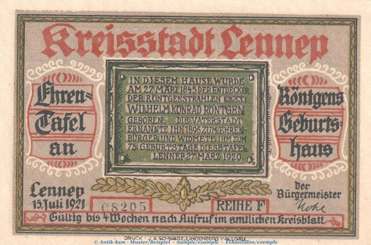 Notgeld Stadt Lennep 791.1 , 75 Pfennig Schein -F- in kfr. von 1921 , Westfalen Seriennotgeld
