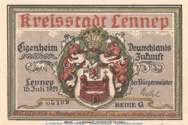 Notgeld Stadt Lennep 791.1 , 75 Pfennig Schein -G- in kfr. von 1921 , Westfalen Seriennotgeld