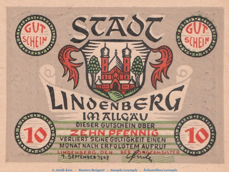 Notgeld Stadt Lindenberg , 10 Pfennig Schein in kfr. von 1947 , Bayern Notgeld 1945 bis 1948