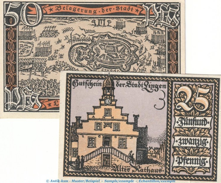 Notgeld Stadt Lingen 803.2 , Set mit 2 Scheinen in kfr. von 1921 , Niedersachsen Seriennotgeld