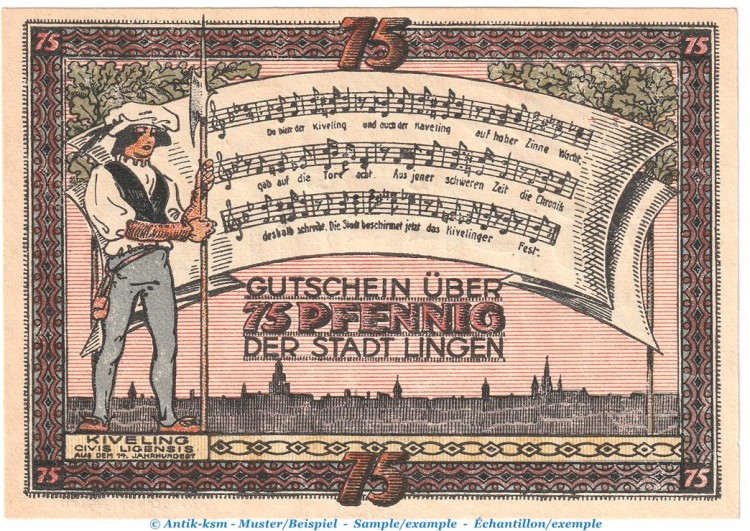 Notgeld Stadt Lingen 803.3.a , 75 Pfennig --Druckfehler-- in kfr. von 1921 , Niedersachsen Seriennotgeld