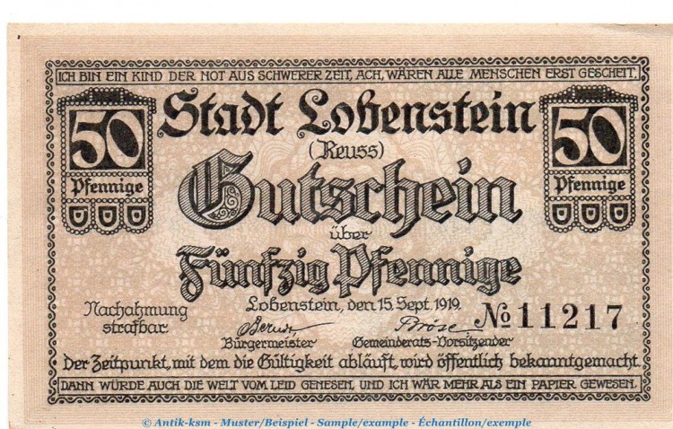 Notgeld Stadt Lobenstein 4160.05.07 , 50 Pfennig -Berndt- in kfr. von 1919 , Thüringen Verkehrsausgabe