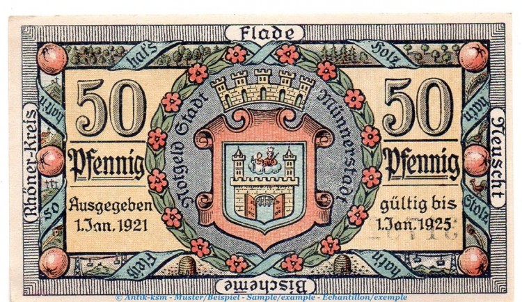 Notgeld Stadt Münnerstadt 912.4 , 50 Pfennig Schein o.Wz. in kfr. von 1921 , Bayern Seriennotgeld