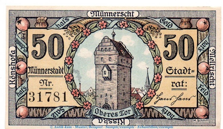 Notgeld Stadt Münnerstadt 912.5.a , 50 Pfennig Schein in kfr. von 1921 , Bayern Seriennotgeld