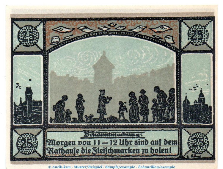 Notgeld Stadt Mainbernheim 859.3 , 25 Pfennig Schein -Fleisch- in kfr. von 1920 , Bayern Seriennotgeld
