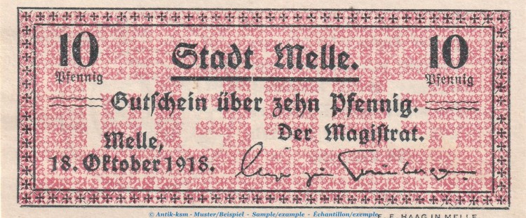 Notgeld Stadt Melle , 10 Pfennig Schein in kfr. Tieste 4475.05.16 von 1918 , Niedersachsen Verkehrsausgabe