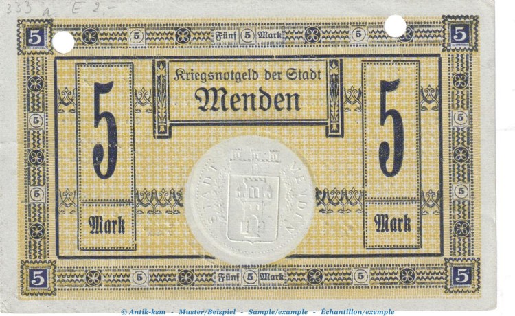 Notgeld Stadt Menden , 5 Mark Schein in kfr.E , Geiger 359.01.a von 1918 , Westfalen Grossnotgeld