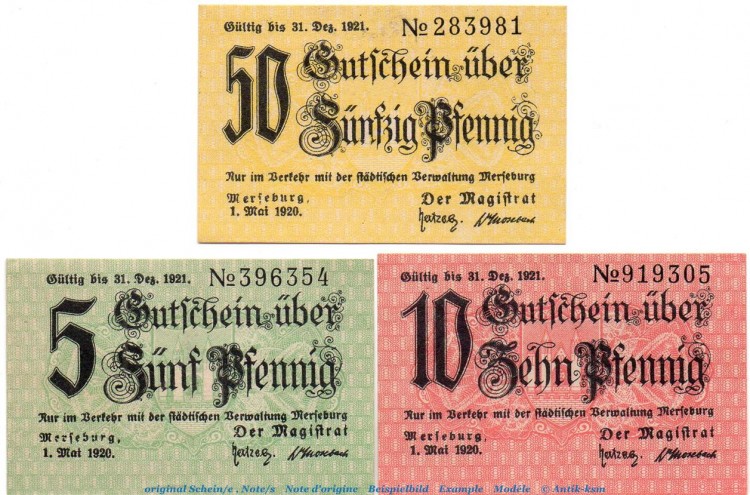 Notgeld Stadt Merseburg 4505.15.20-22 , Set mit 3 Scheinen in kfr. von 1920 , Provinz Sachsen Verkehrsausgabe