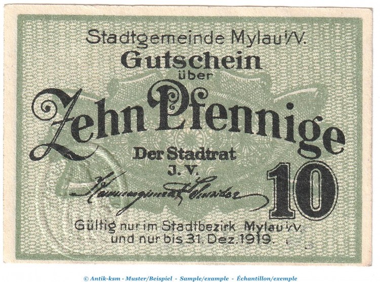 Notgeld Stadt Mylau , 10 Pfennig Schein in kfr. Tieste 4730.05.05 o.D. Sachsen Verkehrsausgabe
