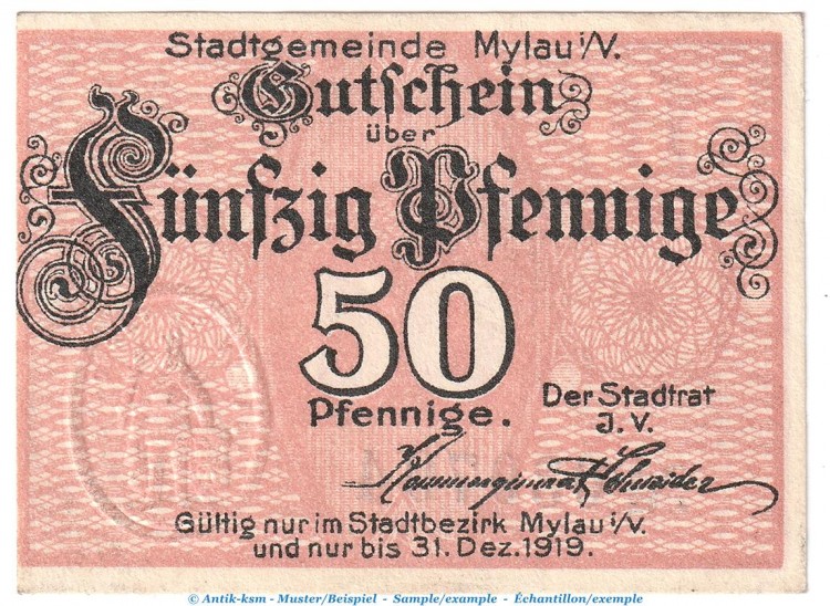 Notgeld Stadt Mylau , 50 Pfennig Schein in kfr. Tieste 4730.05.06 o.D. Sachsen Verkehrsausgabe