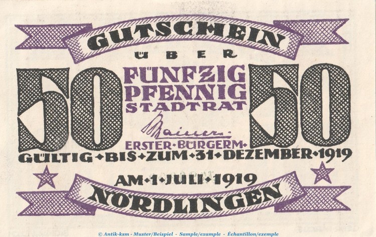 Notgeld Stadt Nördlingen 978.12 , 50 Pfennig Schein in kfr. von 1919 , Bayern Seriennotgeld