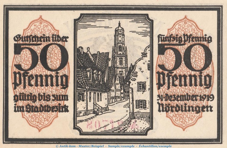 Notgeld Stadt Nördlingen 978.3 , 50 Pfennig -gelbbraun- Nr.1 in kfr. von 1918 , Bayern Seriennotgeld