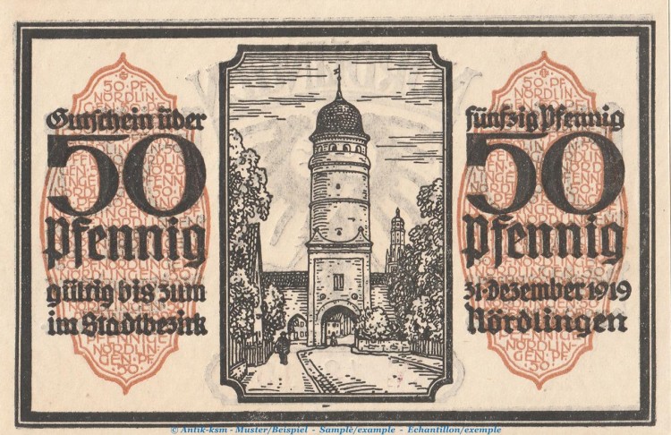 Notgeld Stadt Nördlingen 978.3 , 50 Pfennig -gelbbraun- Nr.3 in kfr. von 1918 , Bayern Seriennotgeld
