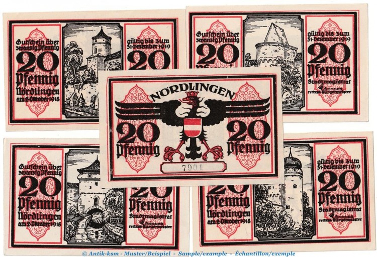 Notgeld Stadt Nördlingen 978.5 , Set mit 5 Scheinen in kfr. von 1918 , Bayern Seriennotgeld