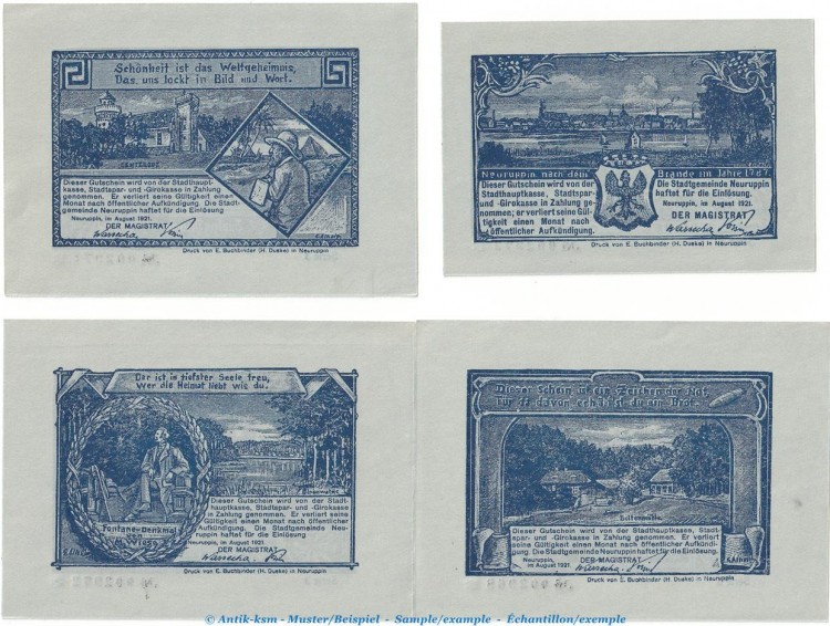 Notgeld Stadt Neuruppin 959.3 , Set mit 4 Scheinen in kfr. von 1921 , Brandenburg Seriennotgeld