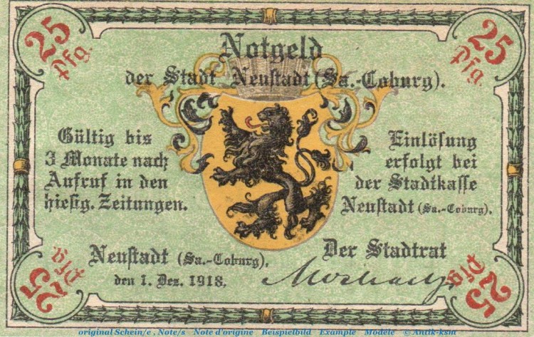 Notgeld Stadt Neustadt 4940.05.10 , 25 Pfennig Schein in kfr. von 1918 , Coburg Verkehrsausgabe