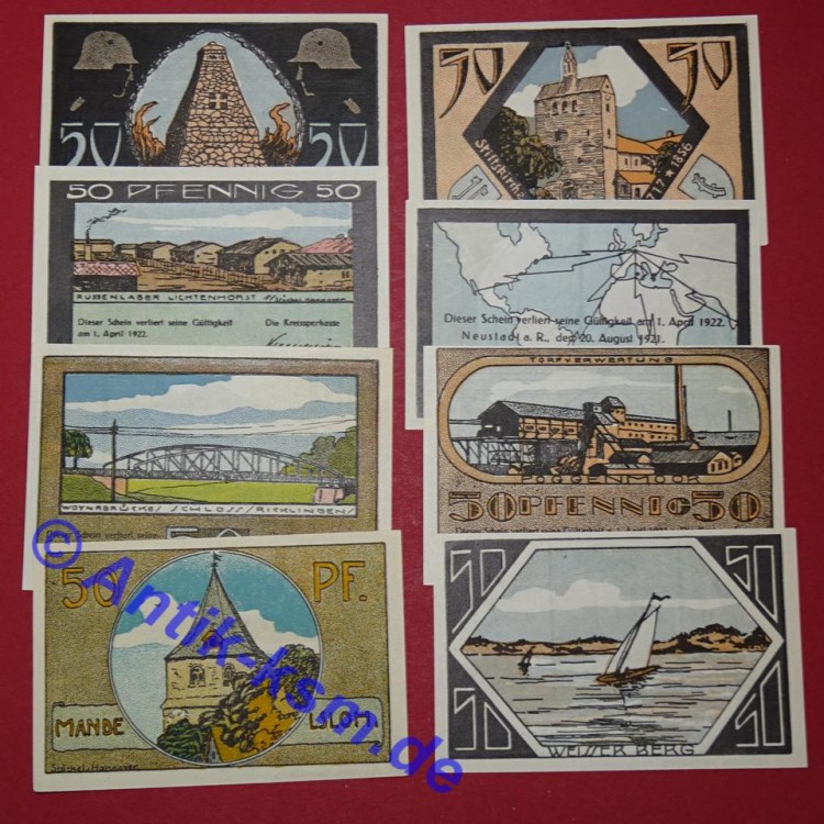 Neustadt , Notgeld Set mit 8 Scheinen -Drfa- in kfr. M-G 966.1 , Niedersachen 1921 Seriennotgeld