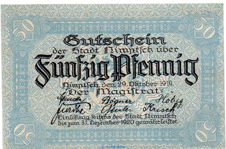 Notgeld Stadt Nimptsch 5135.10.04 , 50 Pfennig Schein in kfr. von 1919 , Schlesien Verkehrsausgabe