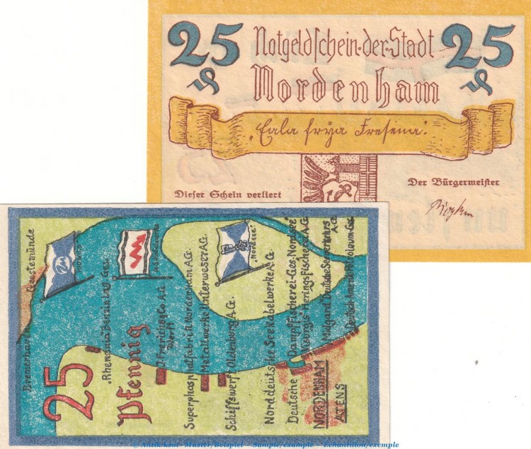 Notgeld Stadt Nordenham 982.1.a , Set -16mm- mit 2 Scheinen in kfr. o.D. , Niedersachsen Seriennotgeld