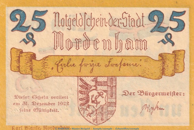 Notgeld Stadt Nordenham 982.1.d , 25 Pfennig Schein Nr.1 -20 mm- in kfr. o.D. Niedersachsen Seriennotgeld