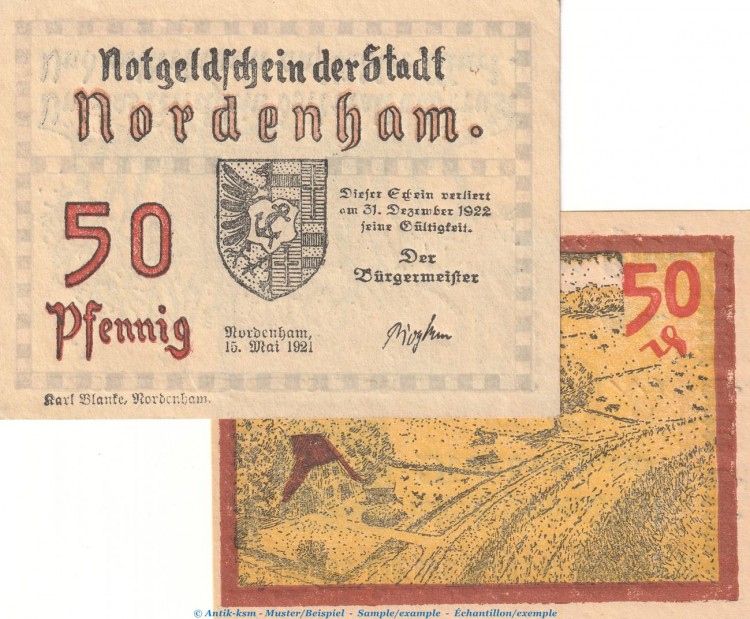 Notgeld Stadt Nordenham 982.2.b , Set -20mm- mit 2 Scheinen in kfr. von 1921 , Niedersachsen Seriennotgeld