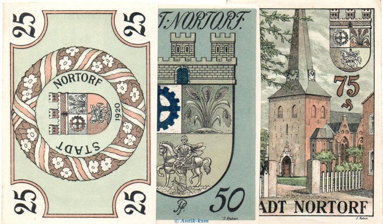 Notgeld Stadt Nortorf 989.2.a , Set mit 3 Scheinen in kfr. von 1920 , Schleswig Holstein Seriennotgeld