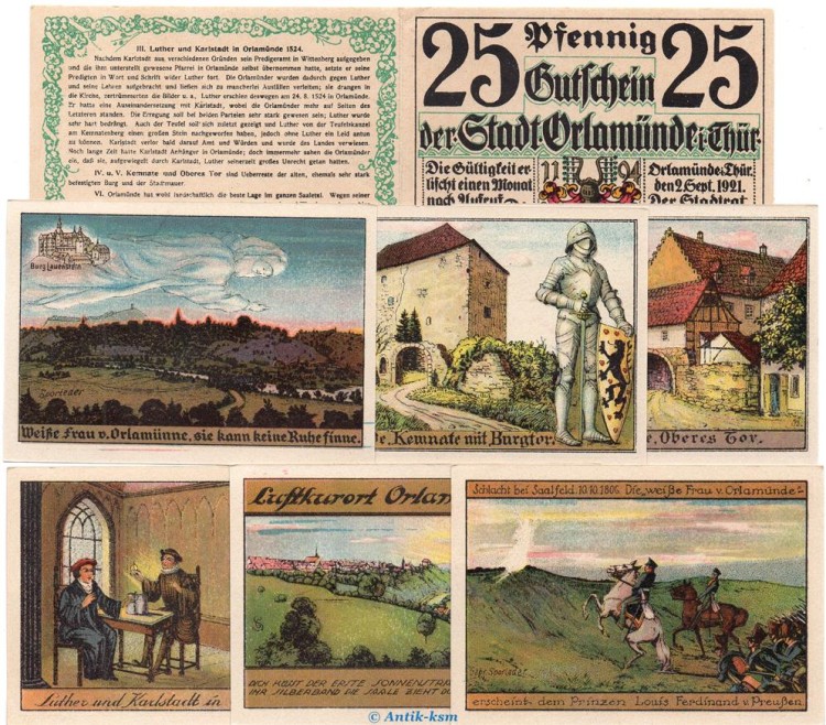 Orlamünde , Notgeld Set mit 7 Scheinen -Nummerngleich- in kfr. M-G 1025.1 , Thüringen 1921 Seriennotgeld