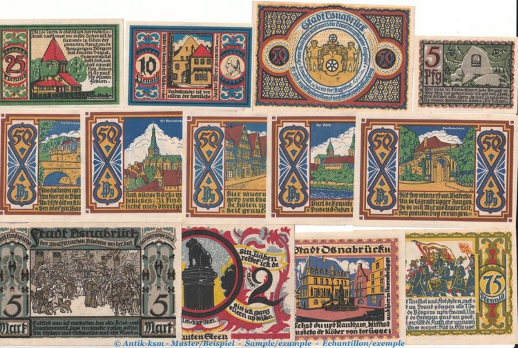 Notgeld Stadt Osnabrück 1032.1 , Set mit 13 Scheinen in kfr. von 1921 , Niedersachsen Seriennotgeld