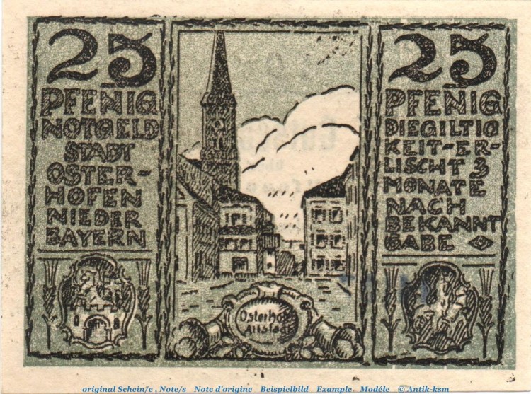 Notgeld Stadt Osterhofen , 25 Pfennig graugrün in kfr. von 1917 , Bayern Seriennotgeld