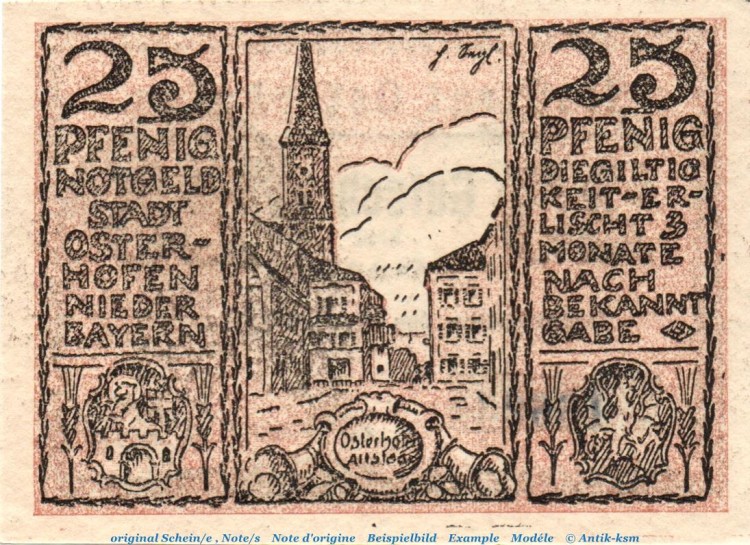 Notgeld Stadt Osterhofen , 25 Pfennig grauviolet in kfr. von 1917 , Bayern Seriennotgeld