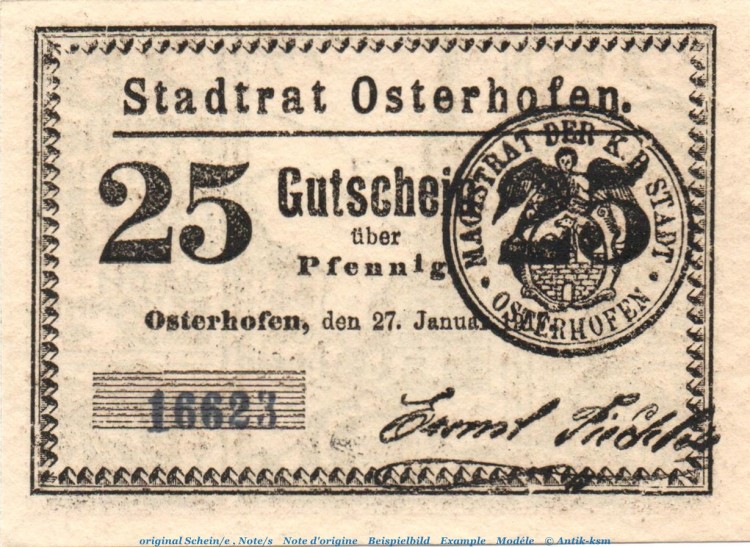 Notgeld Stadt Osterhofen , 25 Pfennig olivbraun in kfr. von 1917 , Bayern Seriennotgeld