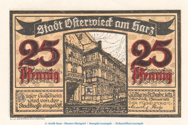 Notgeld Stadt Osterwieck 1137.1.e , 25 Pfennig Schein in kfr. von 1921 , Sachsen Anhalt Seriennotgeld
