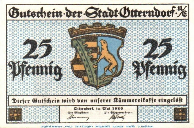 Notgeld Stadt Otterndorf a. Elbe 1039.1 , 25 Pfennig Schein in kfr. , 05.1920 , Niedersachsen Seriennotgeld