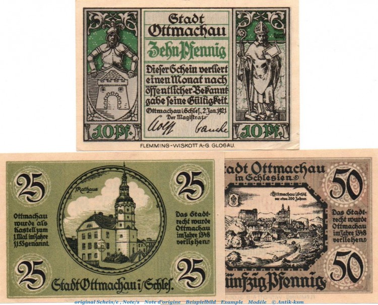 Notgeld Stadt Ottmachau 1040.1 , Set mit 3 Scheinen in kfr. von 1921 , Oberschlesien Seriennotgeld