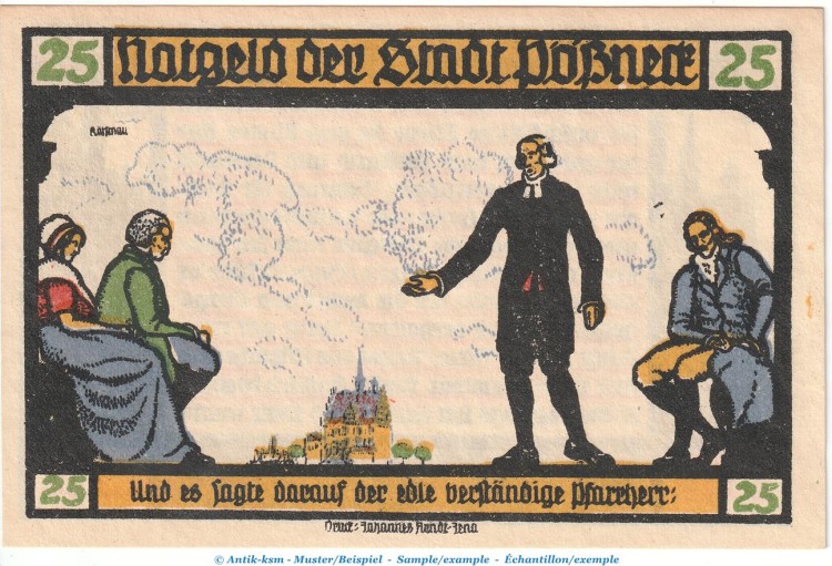 Notgeld Stadt Pößneck 1066.4.a , 25 Pfennig Nr.1 dunkelblau in kfr. von 1921 , Thüringen Seriennotgeld
