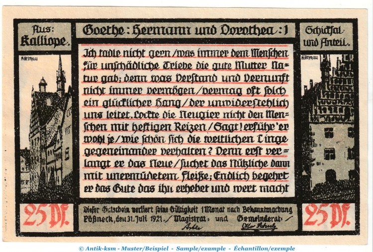 Notgeld Stadt Pößneck 1066.4.a , 25 Pfennig Nr.1 dunkelblau in kfr. von 1921 , Thüringen Seriennotgeld