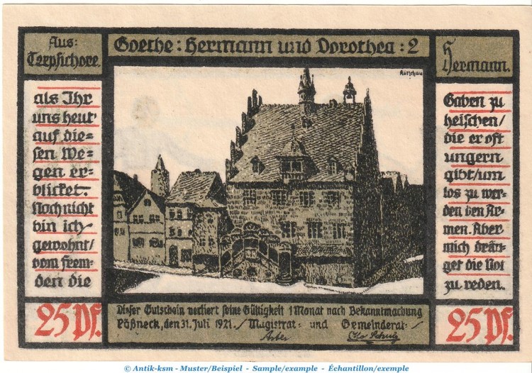 Notgeld Stadt Pößneck 1066.4.a , 25 Pfennig Nr.2 dunkelblau in kfr. von 1921 , Thüringen Seriennotgeld